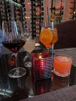 Aperol spritz, Northwood, strawberry drink (cannot recall name the name)and vino set the tone for a memorable meal with friends.