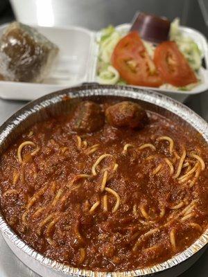 Spaghetti with 2 homemade meatballs plus a tossed salad $10.95