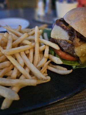 USDA Prime Dry Aged Burger: (copied from the menu) = 10 oz dry aged brisket & sirloin patty, grilled onion, cheddar, lettuce, tomato,fries