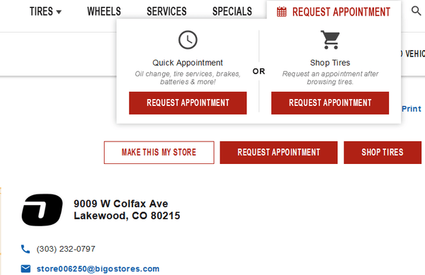 Appointment links on their website. They don't make appointments for tire services.