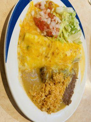 Beef Enchilada, crispy chile relleno, carnitas burrito (with beans and rice)