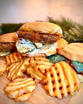 Waffle fries for the win along with a plant based chicken sandwich.