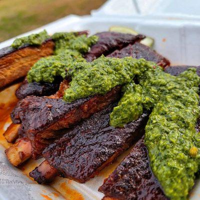 Pork ribs with sweet chipotle and chimichurri