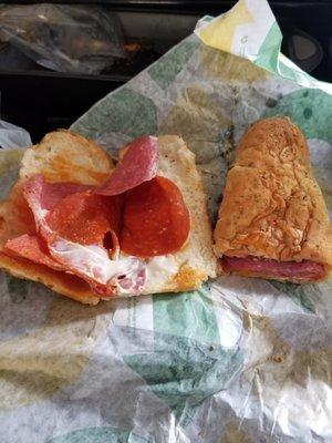 A pitiful DOUBLE meat spicy Italian with a whole 5 pieces of salami.