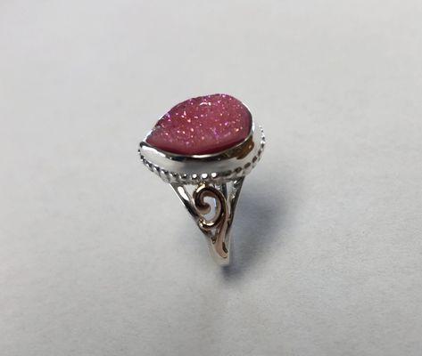 Custom  Handmade Sterling Silver and 14k rose gold ring for customers Pink. Druzy stone.  Thanks Dave!