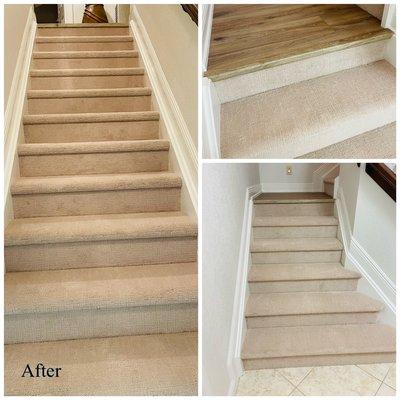 Karastan carpet installed on stairs. COREtec luxury vinyl, installed on landing and floors.