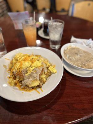 Country fried bowl with biscuits and gravy