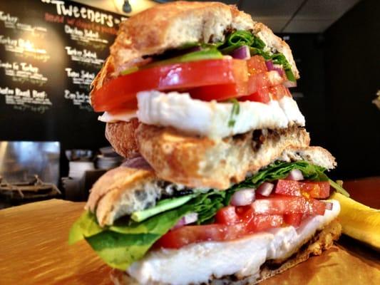 Vermeer's Veggie - Buffalo Mozzarella, tomato, fresh basil, onion and spinach. Served on grilled Focaccia w/ a reduced balsamic