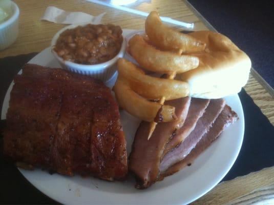 Sugar backs, onion chips, beef brisket, and baked beans