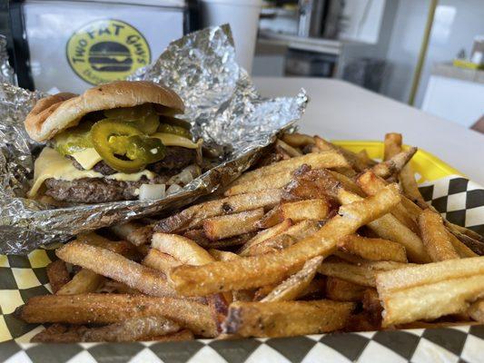 Double burger and Parmesan fries.