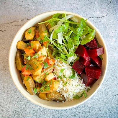 Okra Stew with basmati rice, organic arugula fennel salad, and pickled beets