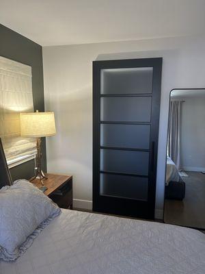 Closet door closed with black hardware handle