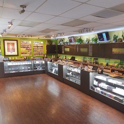 A view of our displays filled with vape products such as disposables, devices, tanks, and E-Liquid from companies such as Puff Bar and Naked