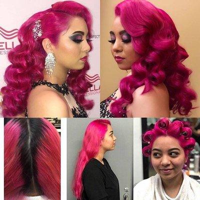 Hollywood Waves and fuchsia hair color