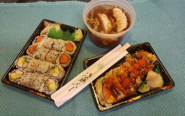 Left - spicy tuna and california roll. Right - US 31 roll with spicy tuna.  Dumpling soup