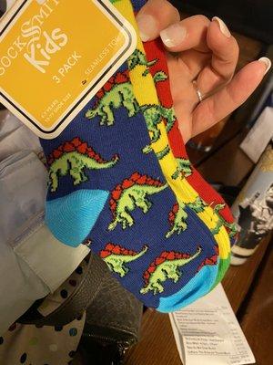 Trio of dinosaur socks for my son.