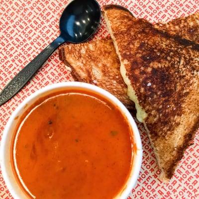 Delicate grilled cheese + tomato bisque