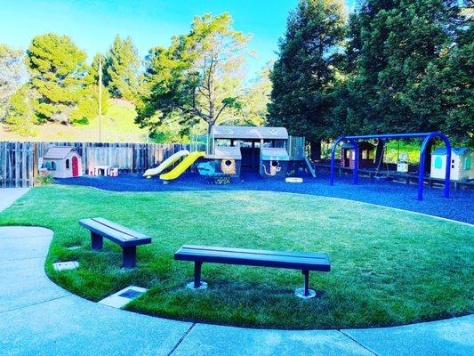 Beautiful outdoor space! Slides, tire swings, dramatic play and sandbox.