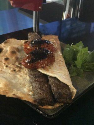 Beef/lamb kabob on flat bread