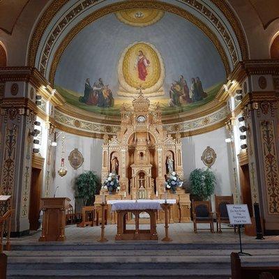 Inside the Catholic church next to the grotto.