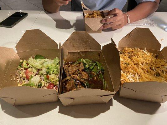 Larb Gai (chicken), Basil Leaves (beef), Pad Thai (chicken)