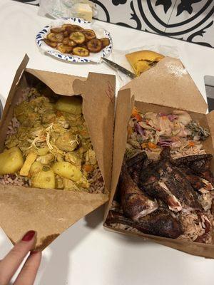 Curry chicken plate. Jerk chicken plate with amazing cabbage. Beef patty in the back and plantains!