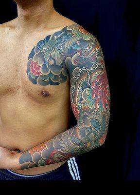 Full sleeve with chest panel of blue bird, snake and chrysanthemum by Nuco