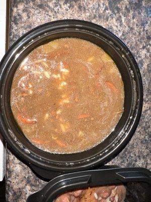 Chicken and shrimp gumbo. But it was missing the chicken, the shrimp and the rice as you can see in the photo it was mostly brown liquid.