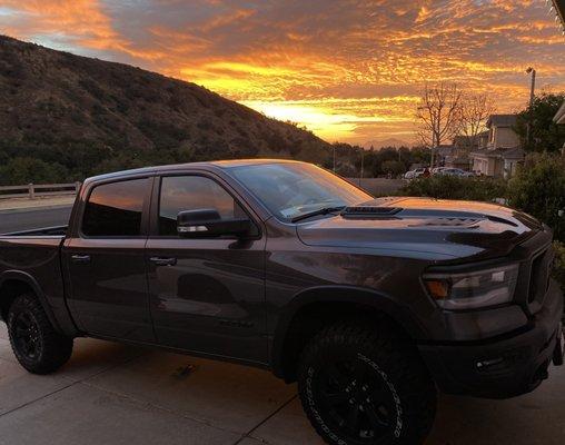 New '21 Ram Rebel 1500, First night in new home, perfect sunset.