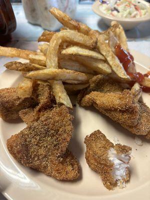 Small catch fish order with fries. Fries were lacking!  Get a baked potato instead.