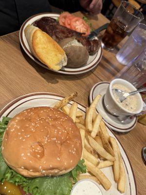 Hamburger, French fries and cup of clam chowder