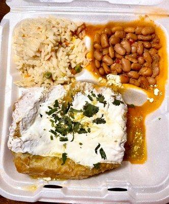 Chimichanga with beef comes with rice and beans