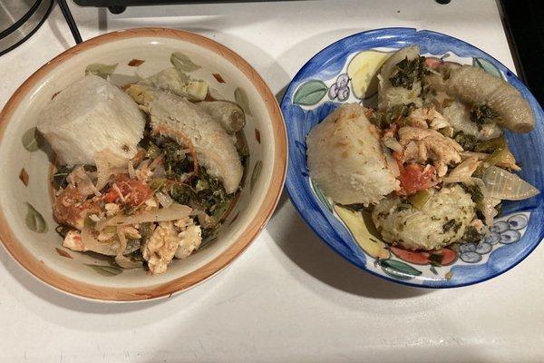 Callaloo, saltfish, yam, banana and dumpling. So good!!