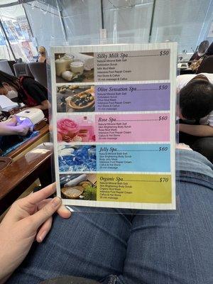 Back side of pedicure menu.