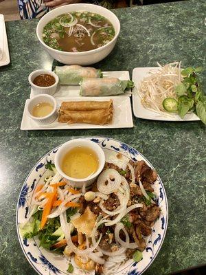 Pho Tai Nam Gan Sach, Bun Dac Biet, Spring Roll & fried Eggroll.