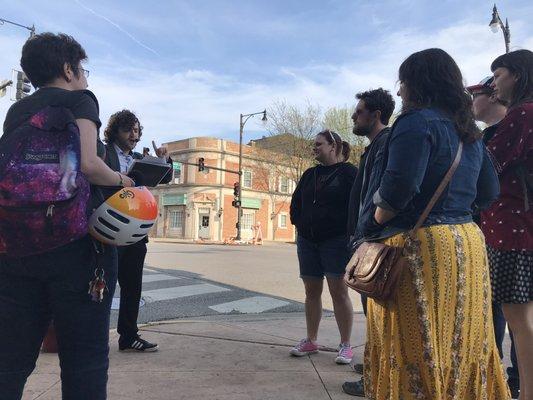 Matthew and tour-goers outside the Uncommon Ground bar and restaurant.