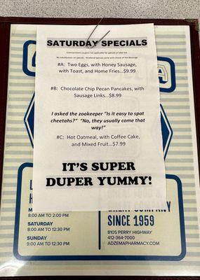 Saturday menu specials