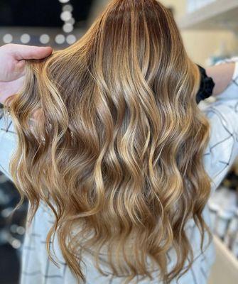 Golden Caramel, Soft Copper Balayage on a Long Layered Haircut