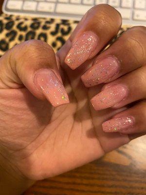 Pink acrylic nail ombré with glitters