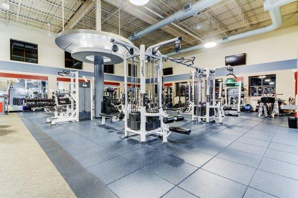 Free weight area with a wide variety of strength training equipment.