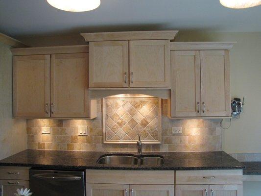 Galley Kitchen Custom Tiled Backsplash with Under Cabinet Lighting