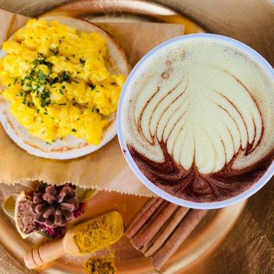 Colombian Farmers breakfast (eggs & chesse arepa) with hot chocolate made of fine flavor cacao.