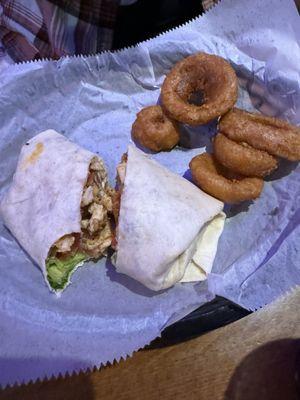 Chicken ranch wrap with onion rings