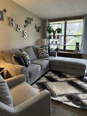 Sofa, swivel chair, ottoman and rug.