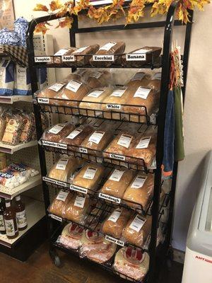 Their bread selection, right beside that is the frozen pies for sale.