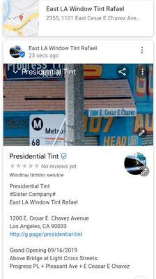 Presidential Tint 

1200 E Cesar E Chavez Ave,
Los Angeles, CA 91744

Cross st: Progress PL + Pleasant Ave + E Cesar E Chavez