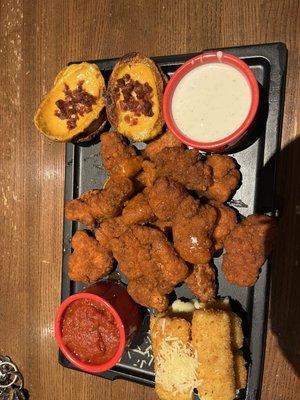 Appetizer trio platter: potato skins, Mozzarella Sticks & hot wings