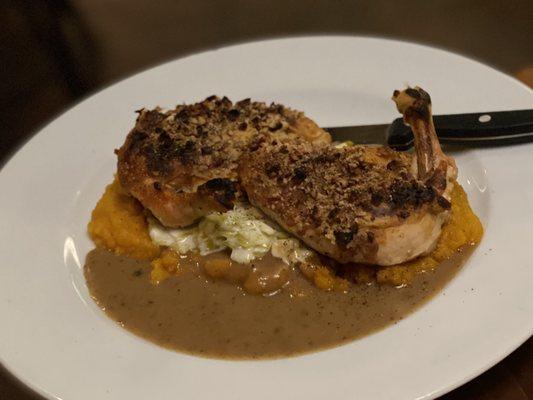 Pecan crusted chicken breast over sweet potato mash