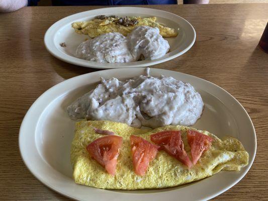 Western omelet (nearest photo) and sausage omelet (furthest photo), both with biscuits and gravy.