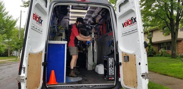 Inside setup of their mobile work space